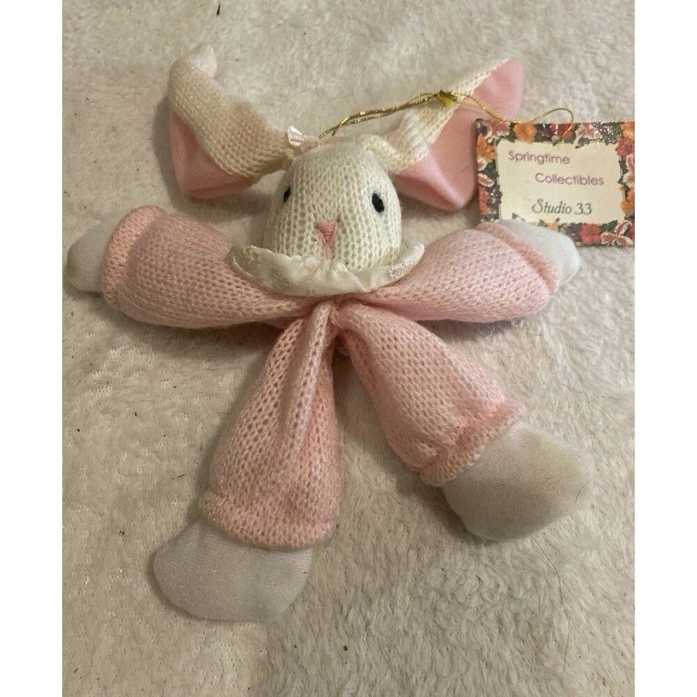 Vintage Studio 33 Springtime Collectibles Bunny Knit Plush Ornament Pink White